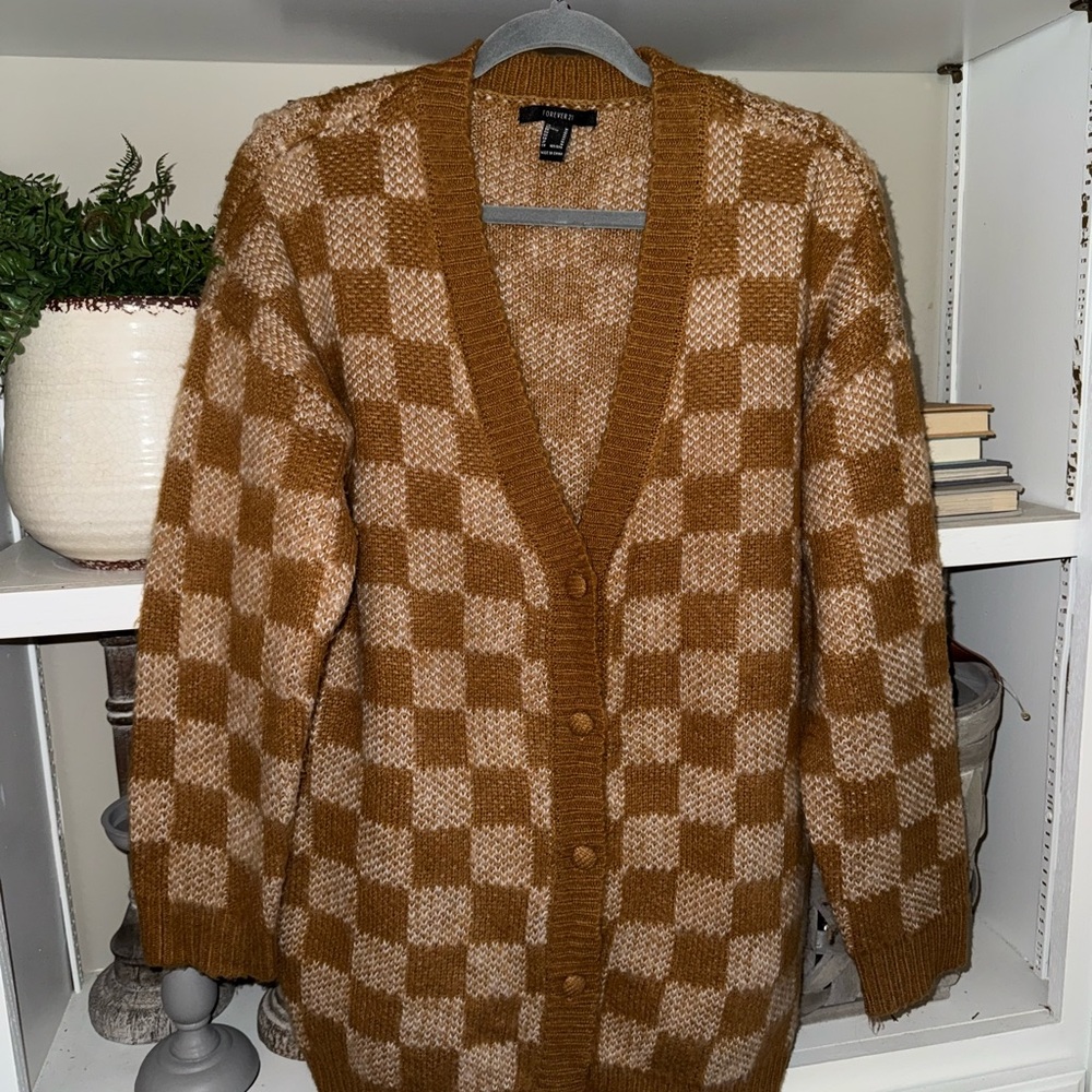 Forever 21 Tan Checkered Cardigan